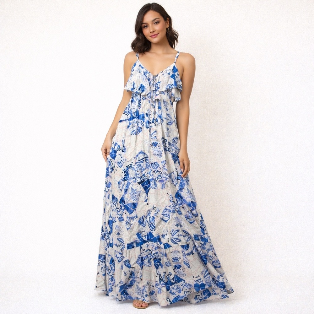 Suboo 100% Silk Maxi Dress Floral Blue White Pink Criss Cross Women's size M/L